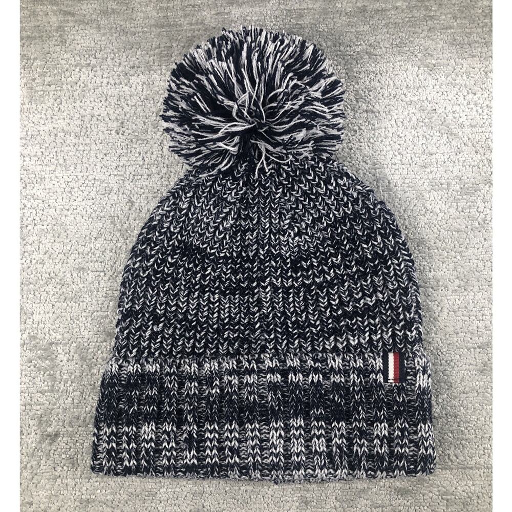 Tommy Hilfiger Marled Cable Knit Beanie Hat Black White Pom Pom
